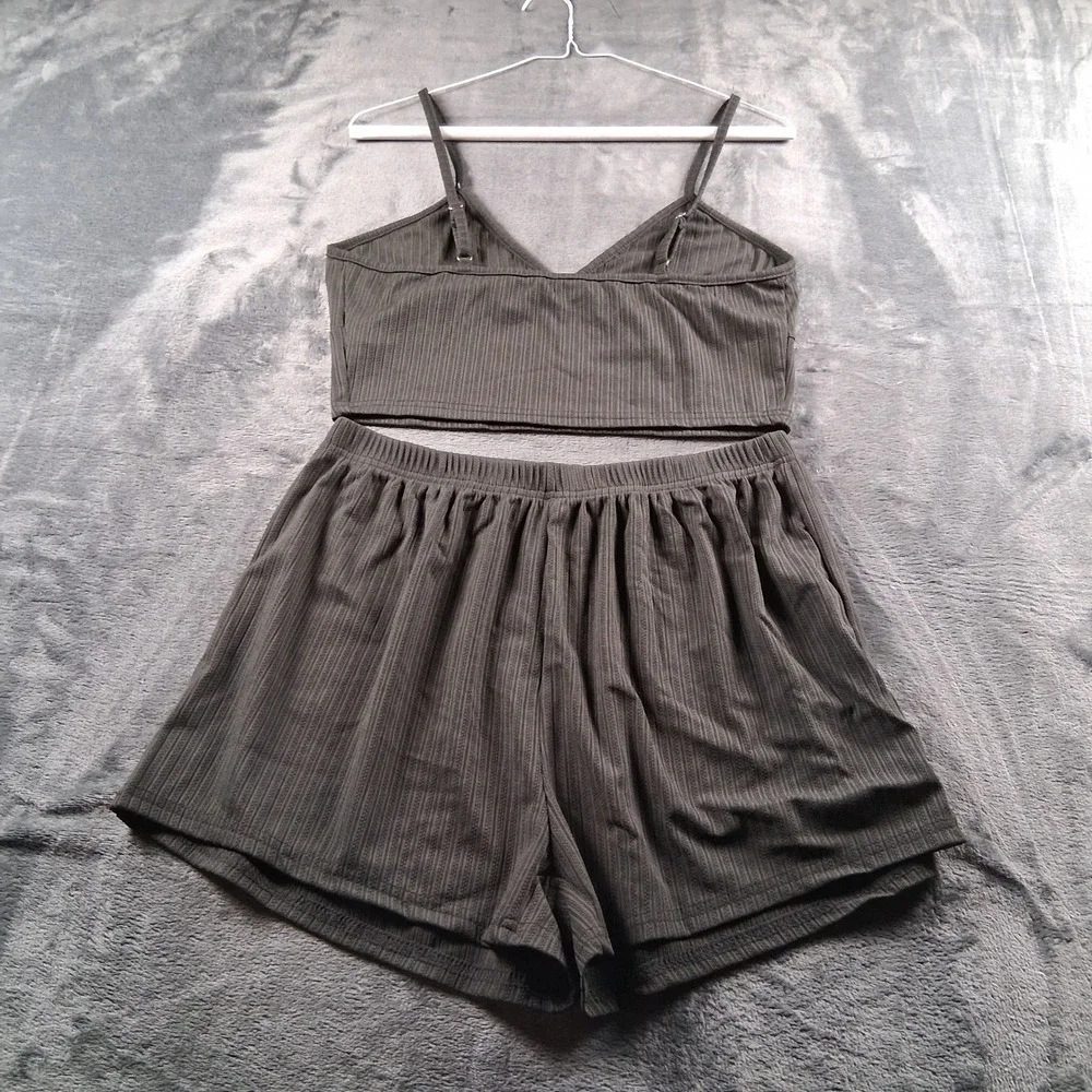 NWT Cupshe Lounge Set Womens Large Green Ribbed Cami Shorts 2 Piece Co-ord